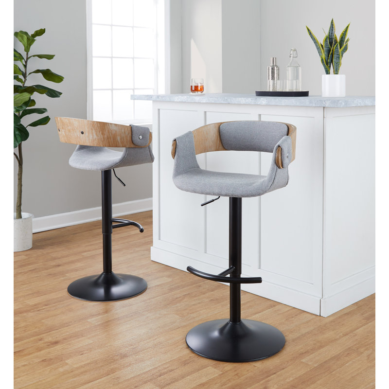 Tabouret de bar Laurenzio, Noir, Tissu gris / bois blanc délavé