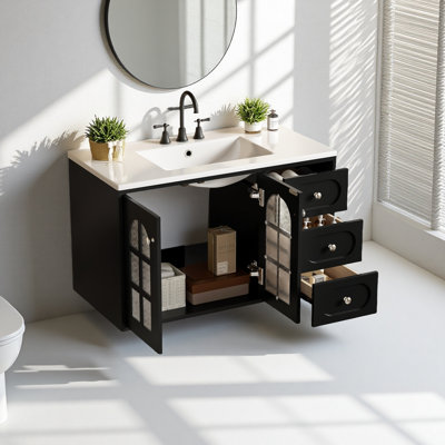 Meuble-lavabo flottant 36 po avec lavabo en céramique, armoire de salle de bain murale avec 3 tiroirs et système de fermeture en douceur, noir