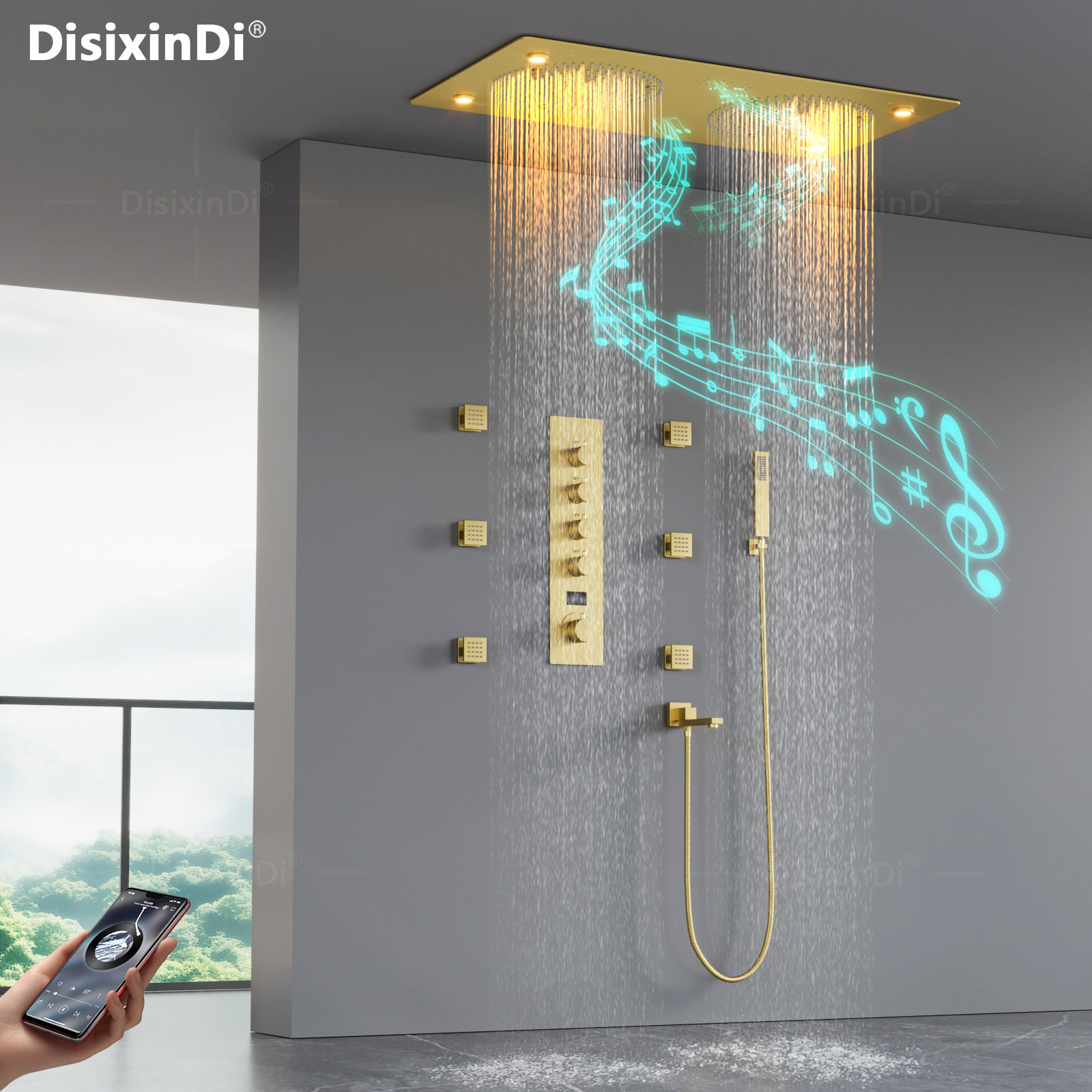 DisixinDi Ceiling Double Rain Music LED Shower Head with Handheld Spray ...