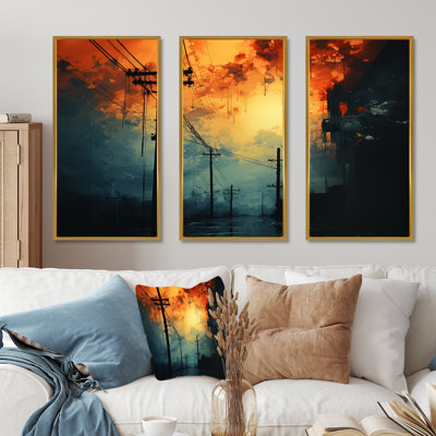 Azur artères de lignes électriques au coucher du soleil - ensemble de décoration murale lignes électriques