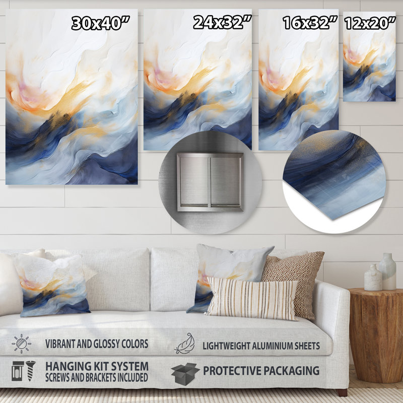 Tempête de marbre bleu et jaune III - art mural abstrait en métal, H 32 po x l 16 po x P 1 po
