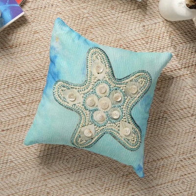 Throw Pillow | Print & Beadwork Starfish Pillow | 18x18"