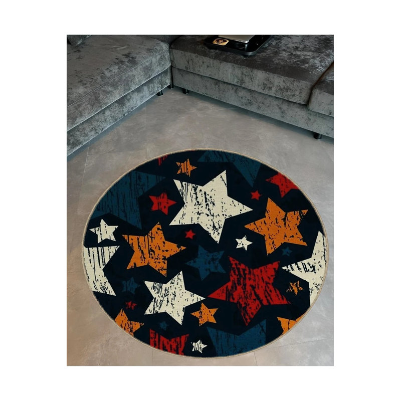 Multicolored Star Patterned Round Woven Base Modern Decorative Carpet, Round 2'8"