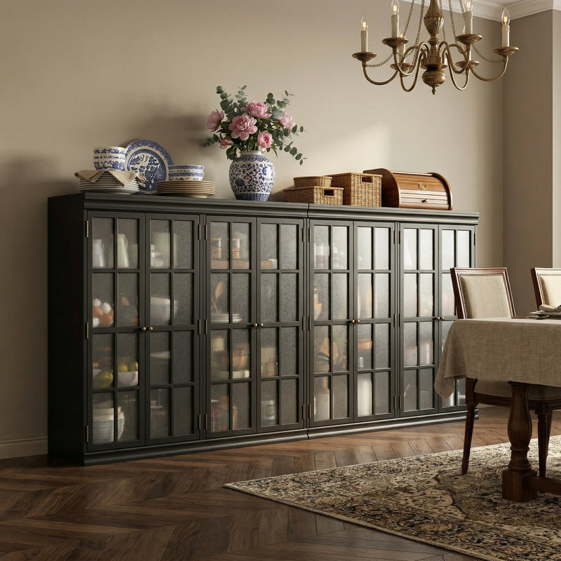 94.4" Elegant 8-Door Glass Display Sideboard with 16 Shelves and Anti-Tip Kit, Black