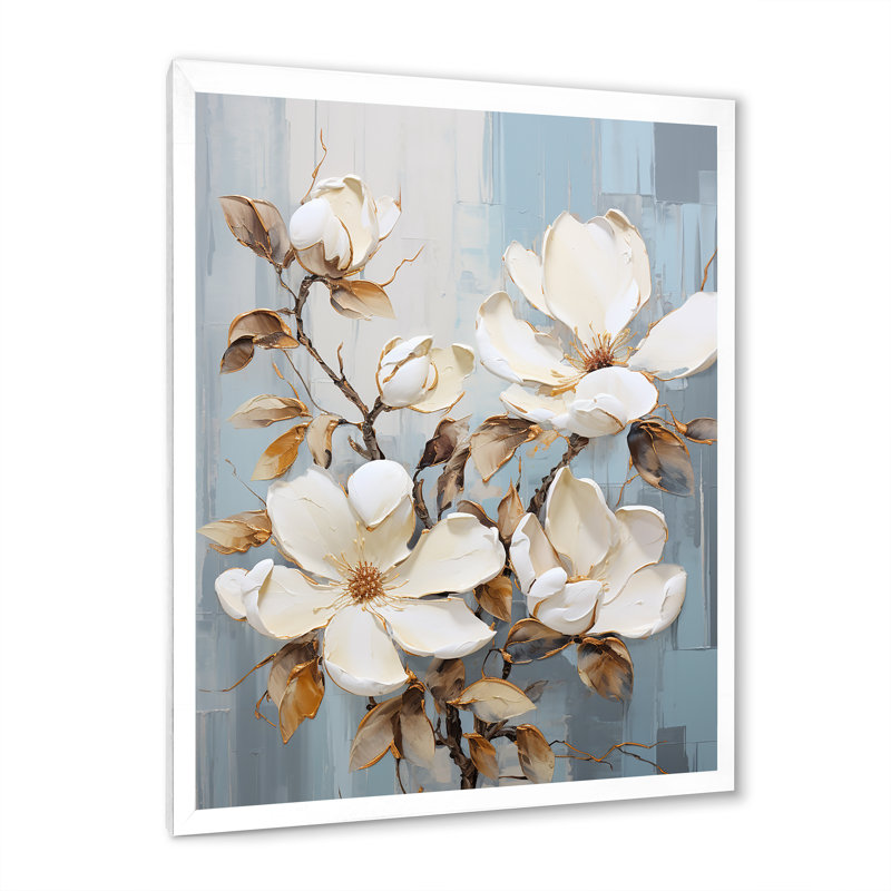 Minimalisme blanc et bleu Magnolias Florescence II sur toile, Cadre simple blanc, H 44 po x l 34 po x P 1,5 po