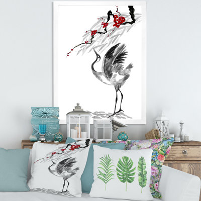 Dessin de grues japonaises avec fleurs rouges - Peinture sur toile encadrée
