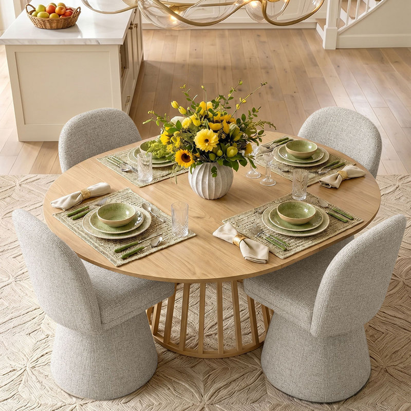 Ensemble de table de salle à manger pour 4 personnes avec table ovale extensible et 4 chaises pivotantes rembourrées en tweed