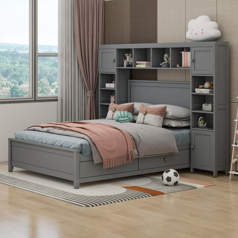 Lit plateforme double avec rangement double, gris