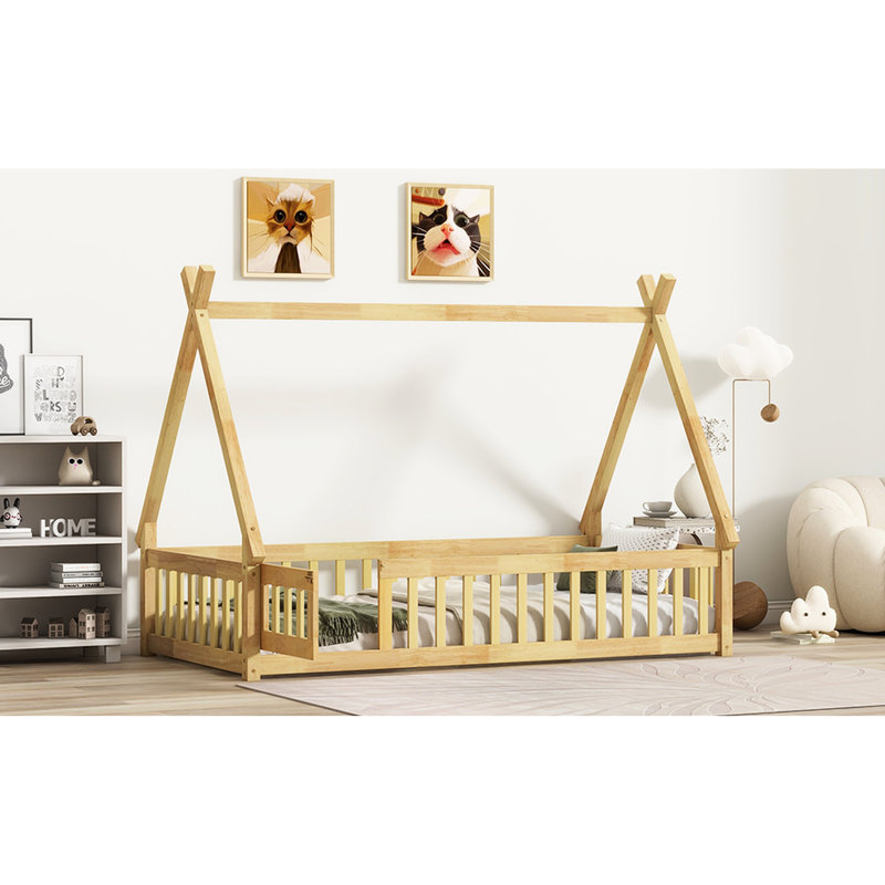 Lit simple naturel avec structure en forme de tente et porte de garde-corps, fabrication de qualité, 7 lattes, parfait pour la chambre à coucher comme la finition des garde-corps de plancher, maquillage en bois d'hévéa, utilisation de l'espace