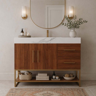 36” Modern Bathroom Vanity with Sink, Sintered Stone Countertop & Ceramic Basin, Waterproof Wood Storage Cabinet with Stainless Steel Support Legs