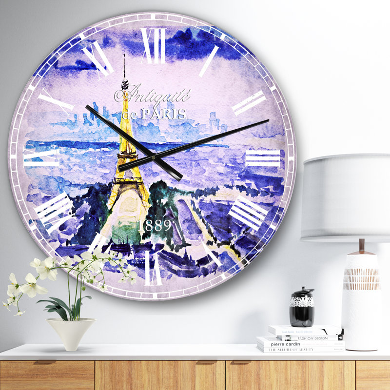 Tour Eiffel de Paris sur fond bleu - horloge murale campagne française, Moyen