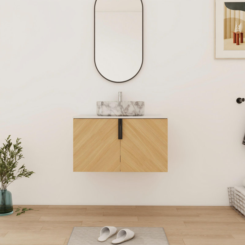Meuble-lavabo mural simple 30 po avec comptoir en céramique, Blanc / marbre gris