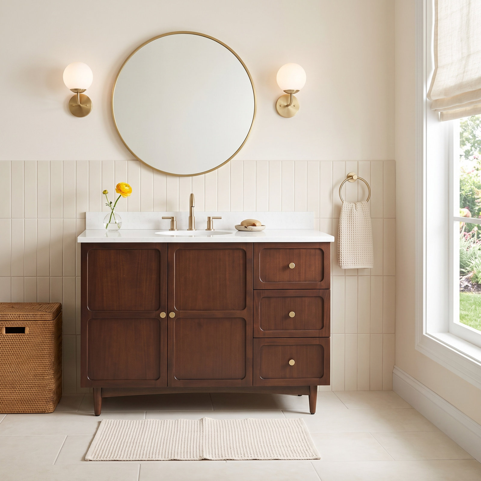 Delavan 48" Mahogany Single Bathroom Vanity, Feathered White Quartz