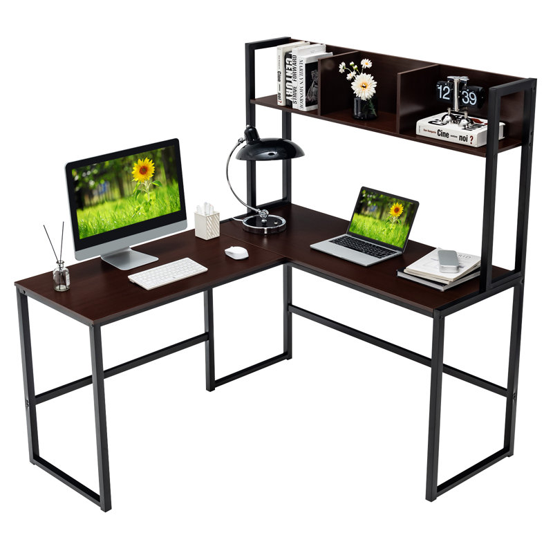 L-Shaped Metal Base Computer Desk, Brown