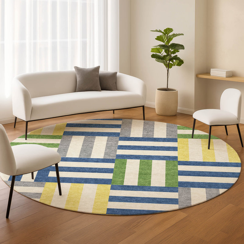 Tapis géométrique lavable à la machine intérieur / extérieur Aten ACN2332, Rond 8 pi