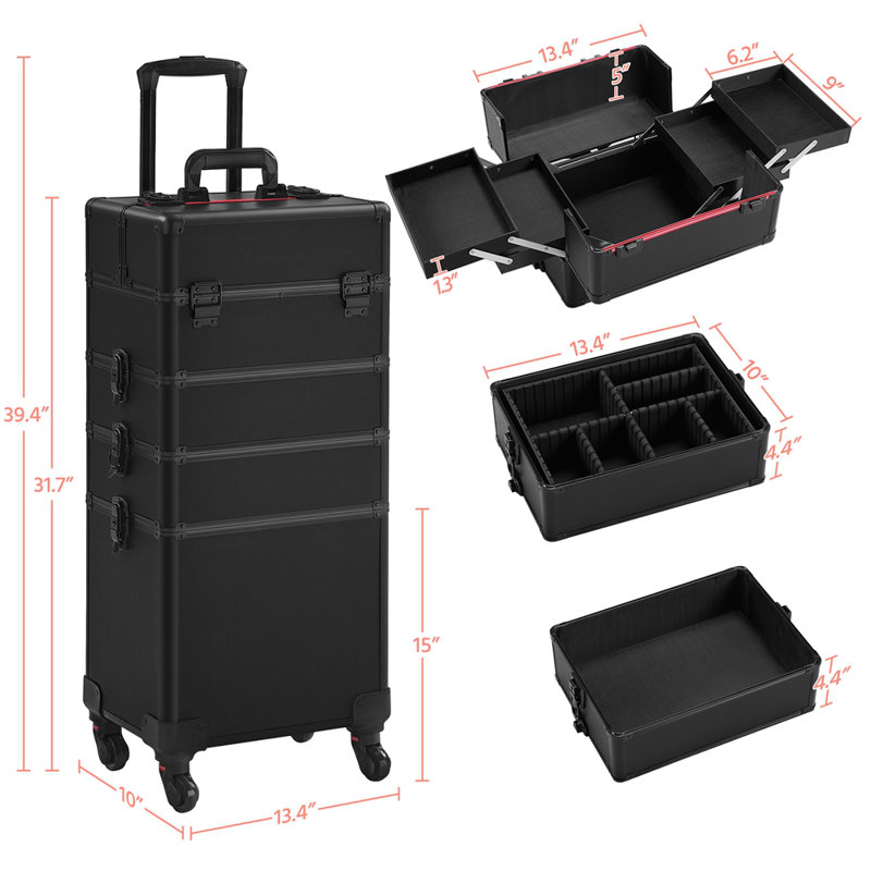 Abrams Professional Makeup Train Case 4 in 1 Rolling  Makeup Case, Black