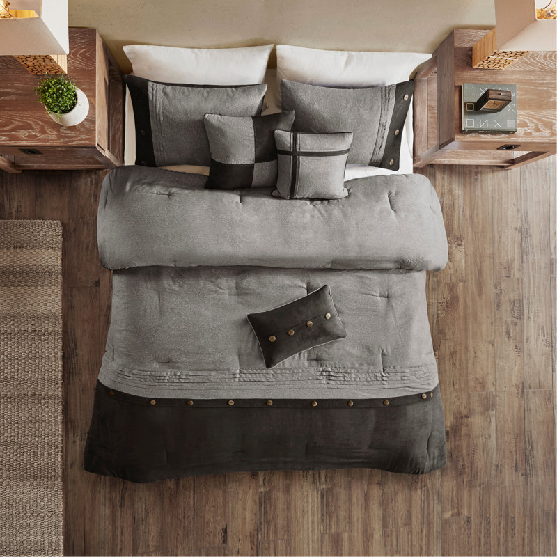 Ensemble d'édredon 7 pièces en faux suède gris, Grand édredon et 6 pièces supplémentaires, Gris