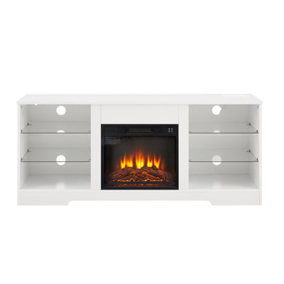Meuble télé 58 po pour foyer électrique blanc avec tablettes en verre, lumières DEL, charge USB et télécommande, pour téléviseur de 65 po ou moins