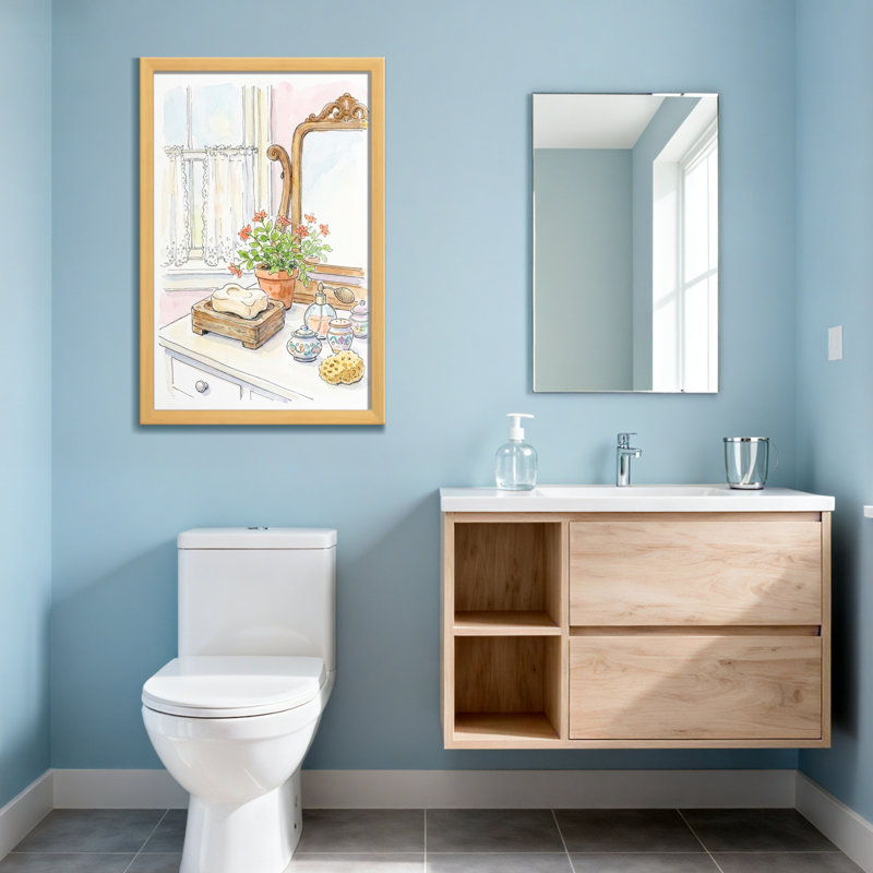 Salle de bain vintage avec fleurs et miroir, H 24 po x l 16 po, Toile tendue, Ne s’applique pas