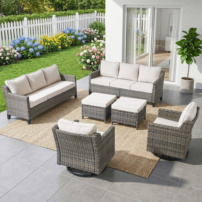 Maelie 6-Piece Outdoor Wicker Patio Conversation Set With 2 Wide Sofa, 2 Swivel Gliders ＆ 2 Ottomans, Beige