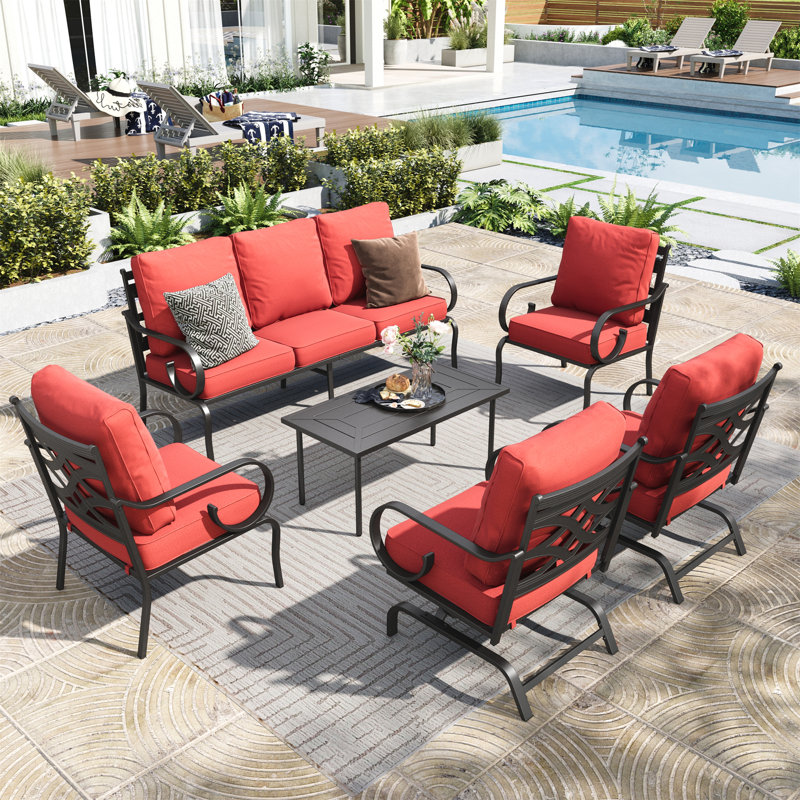 Ensemble de conversation de terrasse pour 7 personnes avec 2 chaises longues berçantes, Non, Rouge