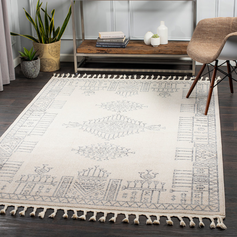 Tapis oriental bleu / crème, Rectangle 6 pi 7 po x 9 pi