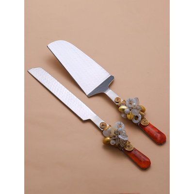 Deriona 2 Piece Stainless Steel Wood Stainless Steel Cake Serving Set