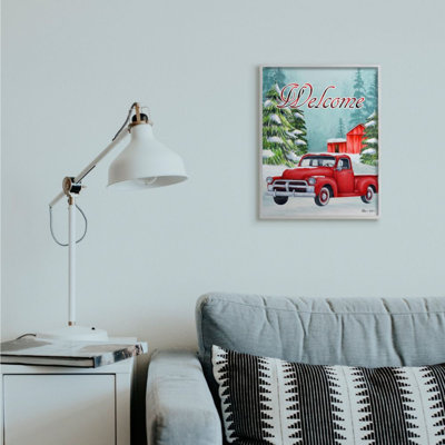 «Winter Welcome Sign Red Truck Snow Barn» par Sheri Hart - impression d'art graphique