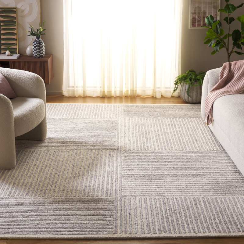 Niana Hand Tufted Pet Yarn/Wool/Cotton Striped Rug in Grey/Ivory, Rectangle 8' x 10'