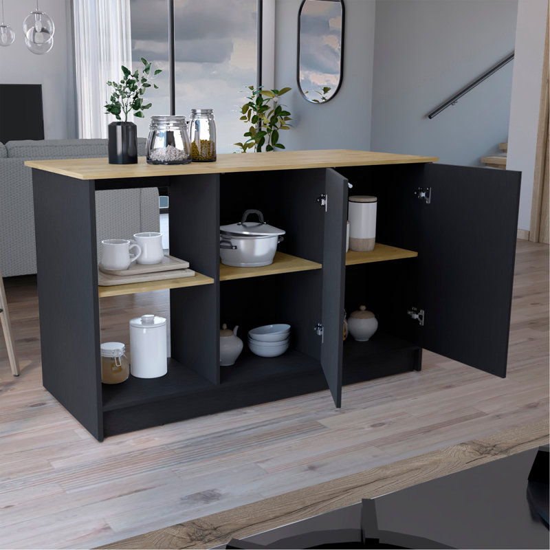 Kitchen Island with Large Top Surface, Double Door Cabinet, and Open Shelves, Dark Walnut/Black
