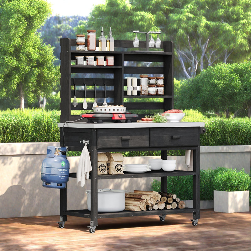 Banc de rempotage extérieur 64,9 po avec plateau en acier inoxydable et roulettes verrouillables, Noir