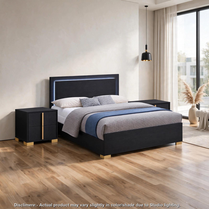 Ensemble de chambre à coucher Queen, noir et or, ensemble 3 pièces avec 2 tables de chevet, Black, Gold, Grand lit
