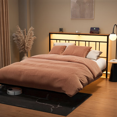 Floating Bed Frame with Storage Headboard,Modern Metal Platform Bed with LED & Charging Station,No Box Spring Needed