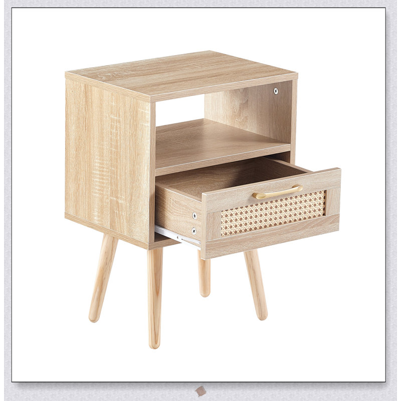 Rattan End Table with Drawer and Solid Wood Legs, Nightstand for Convenient Storage and Charging, Natural