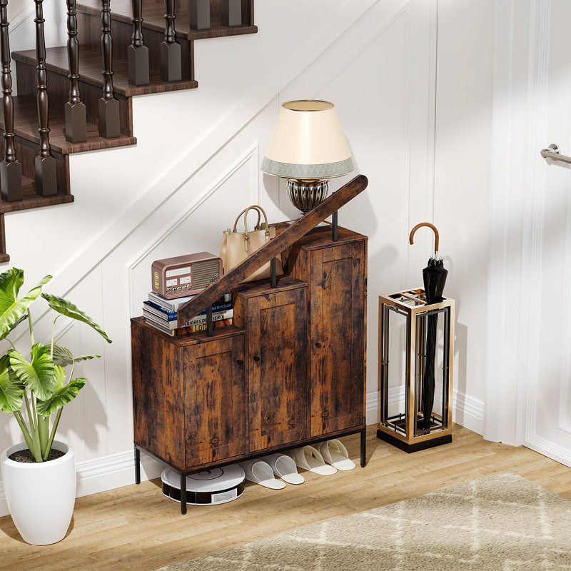 Shoe Storage Cabinet with 3 Drawers, Step Shape Cabinet with Adjustable Shelves & Open Storage, Brown
