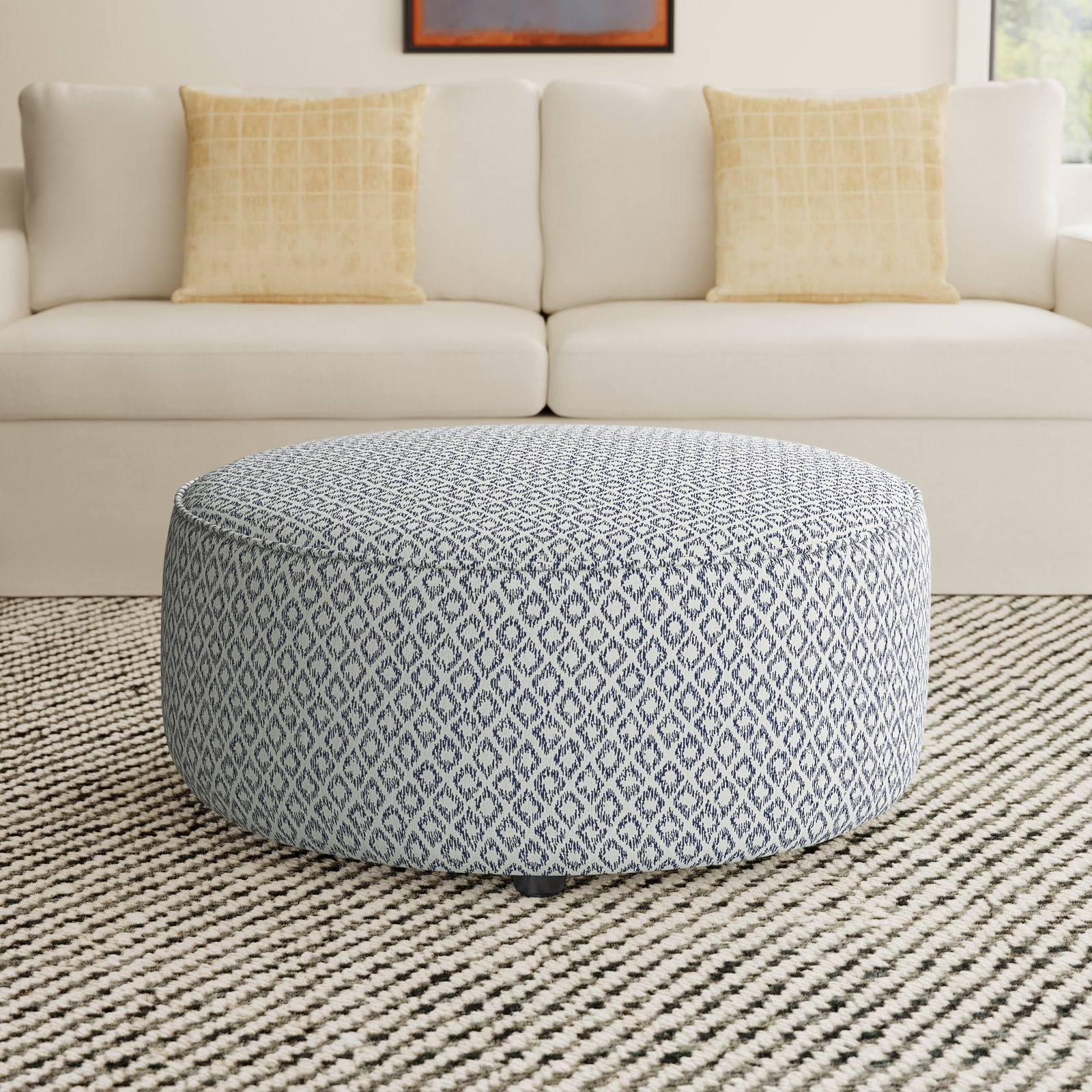 Murano Upholstered Ottoman, Mainstay Indigo Geometric Performance