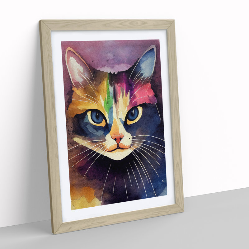 Cat Watercolour No.1 - Wall Art, 36cm H x 27cm W x 2cm D, Oak Framed, White