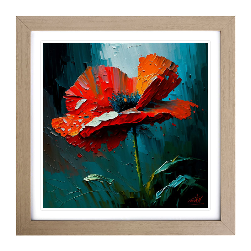 Poppy Flower Palette Knife - Single Picture Frame Print on Wood, Oak