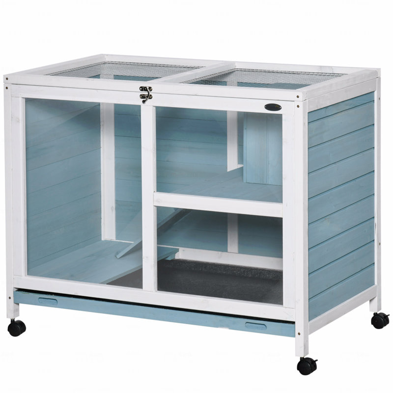 Cage à lapins d'intérieur avec roulettes, bureau et table d'appoint, cage à lapin en bois, cage à lapin imperméable, Bleu