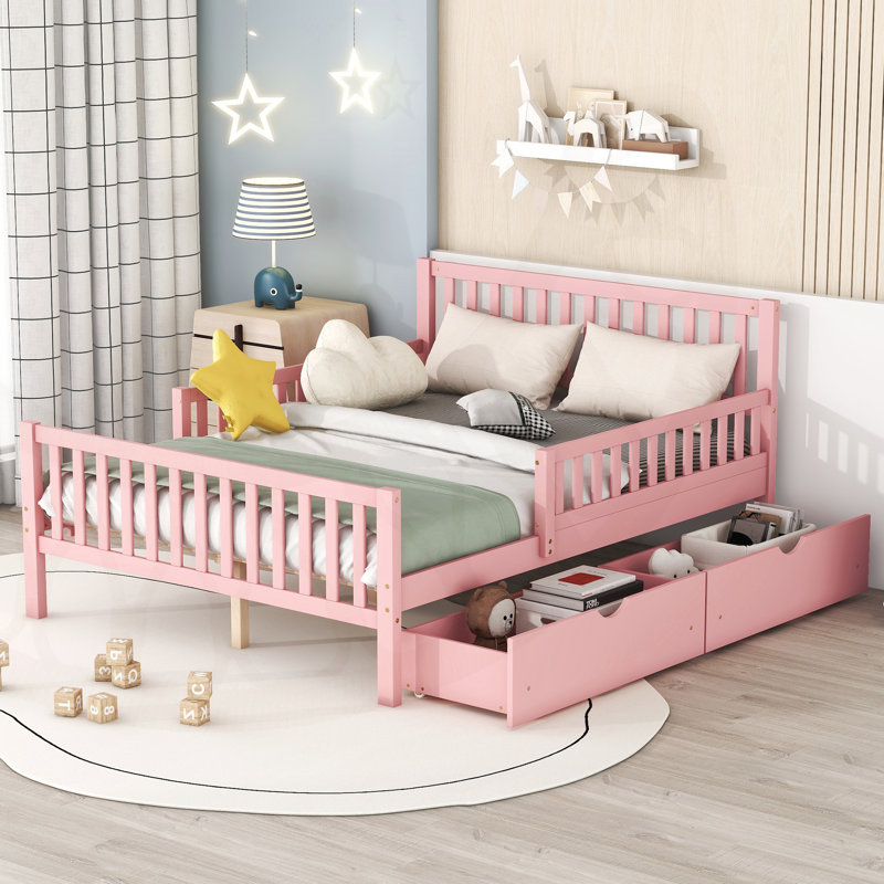 Lit plateforme en bois avec garde-corps des deux côtés et deux tiroirs de rangement, Double, Rose