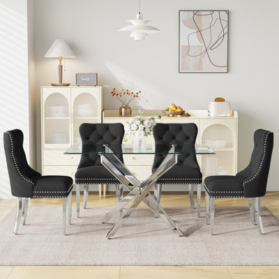 5-Piece Dining Set With Tempered Glass Table & Velvet Upholstered Chairs – Modern Dining Set For 4