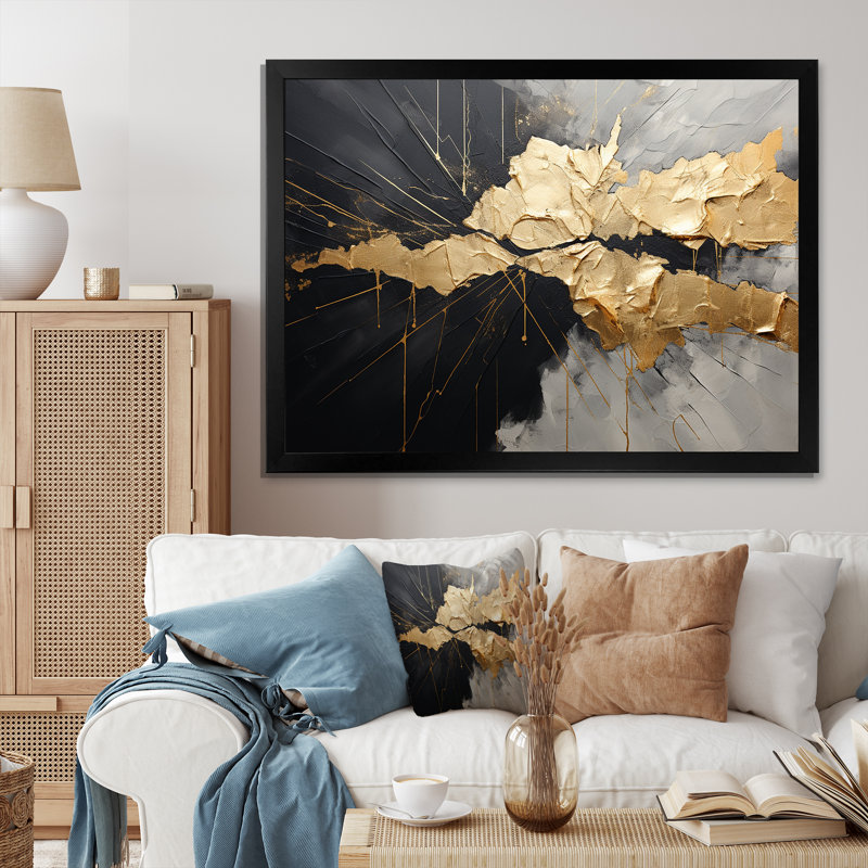 «Black and Gold Abstract Meditation I», art mural abstrait, H 12 po x l 20 po x P 1 po, Cadre simple noir