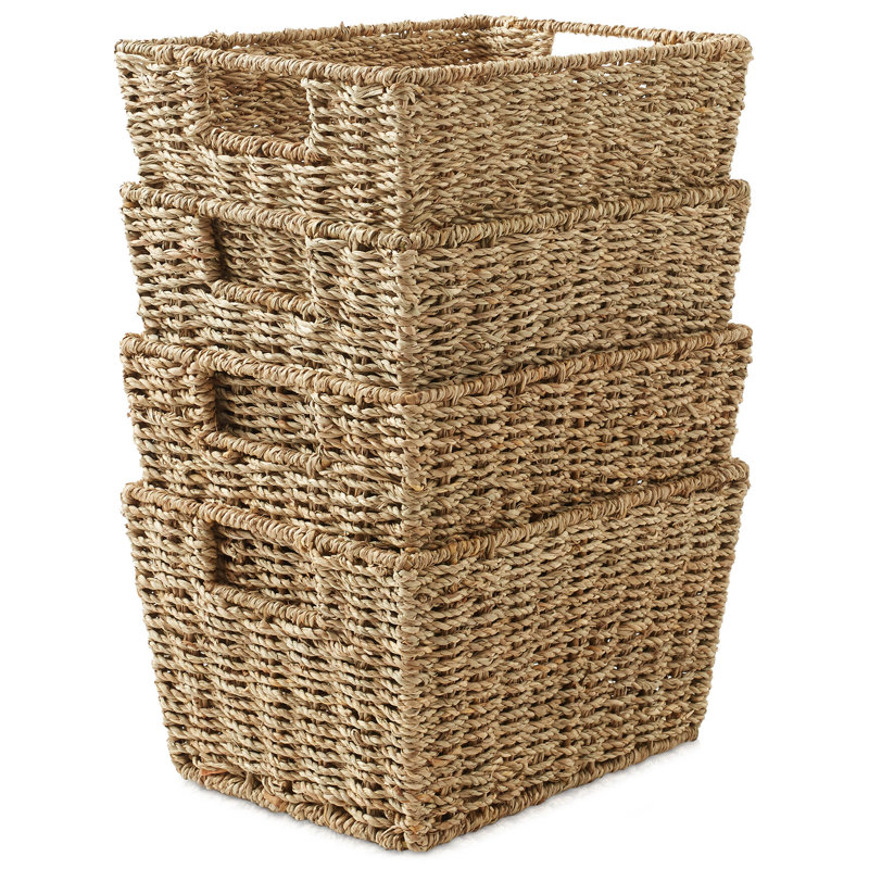4 Seagrass Storage Baskets w Handles for Laundry, Blankets - Natural