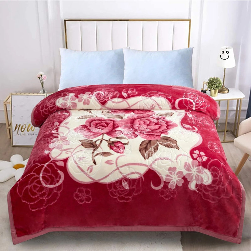 Plain Weave / Muslin Throw Blanket, Red/Beige Floral