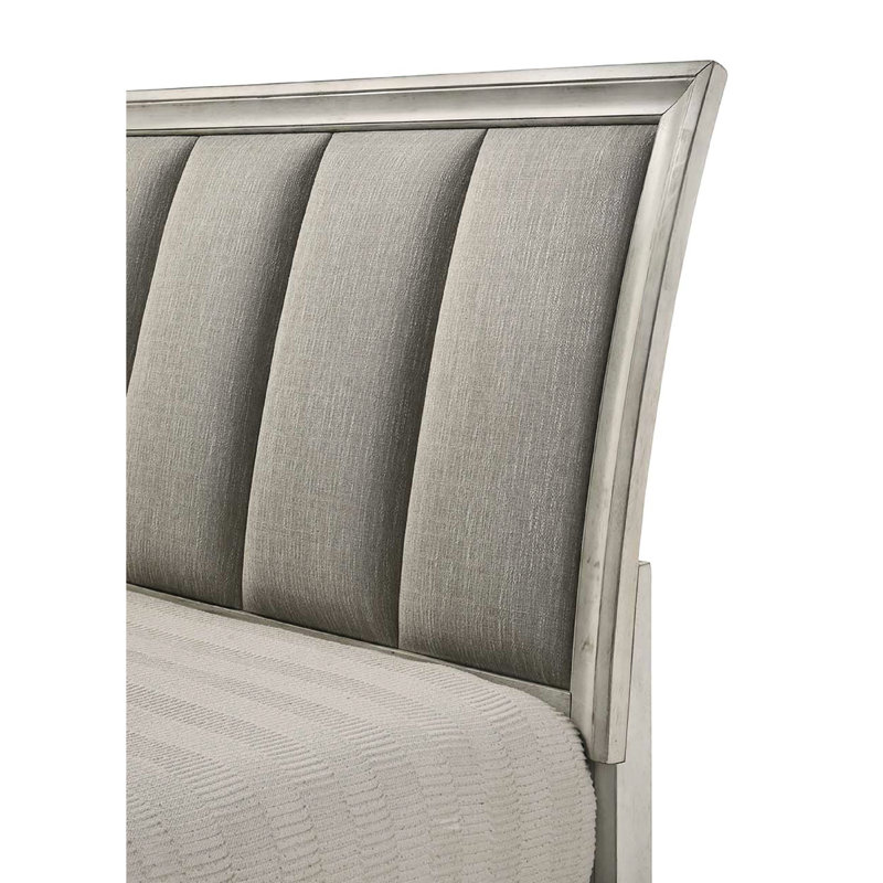 Grand lit avec tête de lit ultra-rembourrée et rangement, style contemporain, couleur brume blanche, lit plateforme en bois massif, tête de lit, finition, fabrication, tiroirs