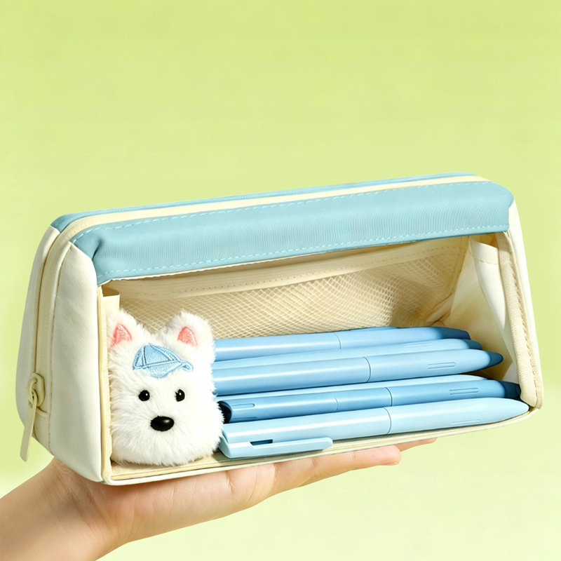 Trousse à crayons pliable en nylon, double couche, transparente, spacieuse et à large ouverture, avec support pour téléphone, idéale pour tous les élèves.