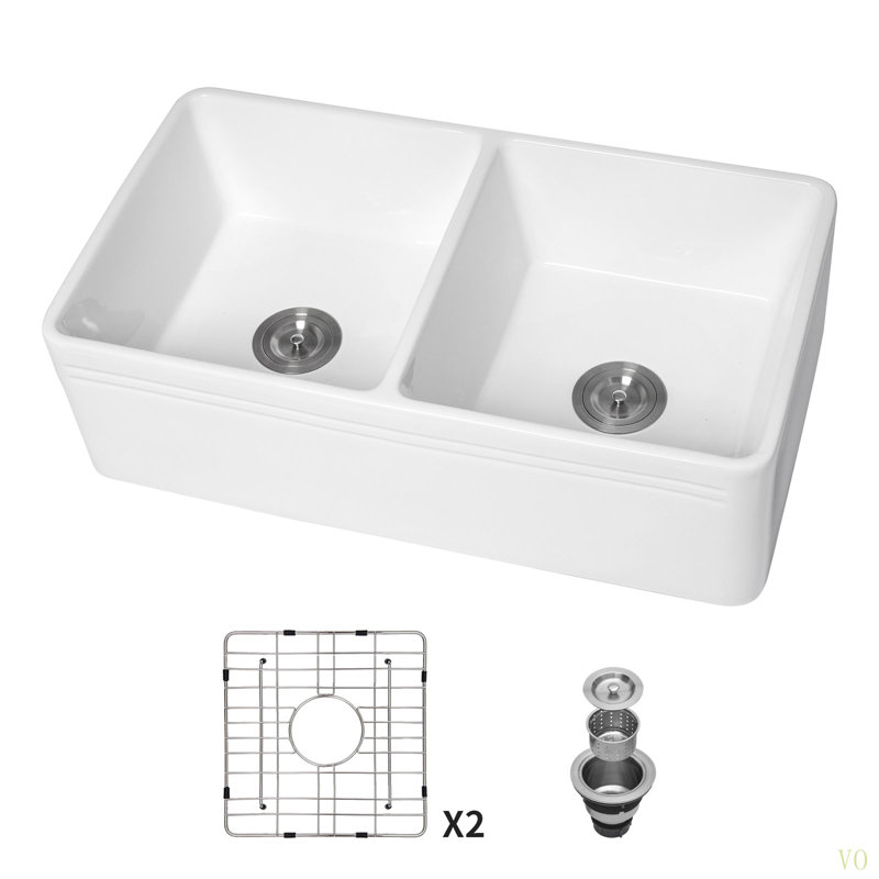 Farmhouse Sink - 33 Inch Kitchen Sink Apron Front Double Bowl 50/50  Ceramic Kitchen Farm Sink
