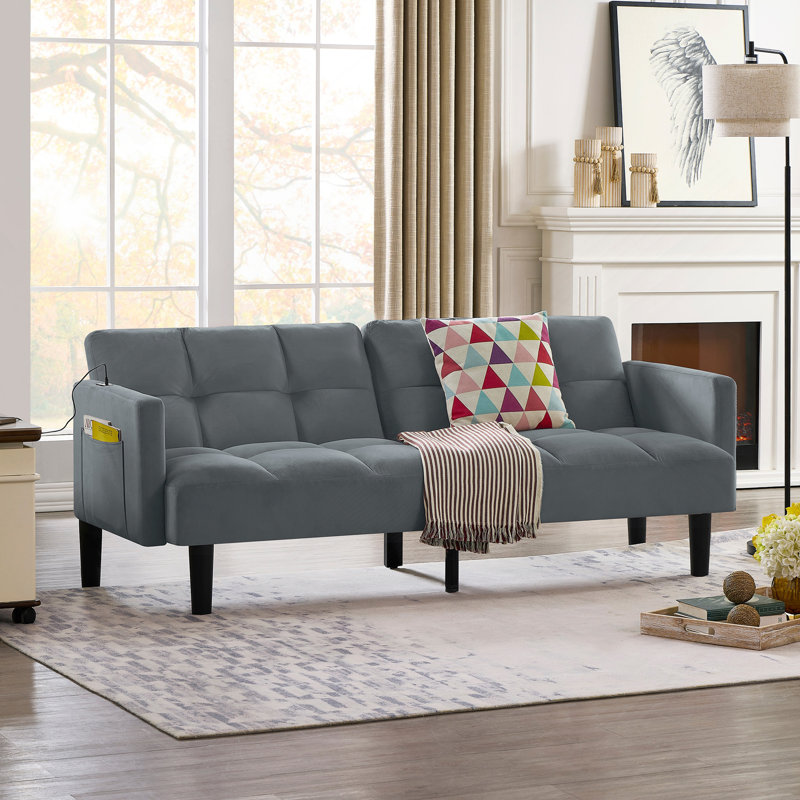 Velvet Futon Couch Convertible, Gris