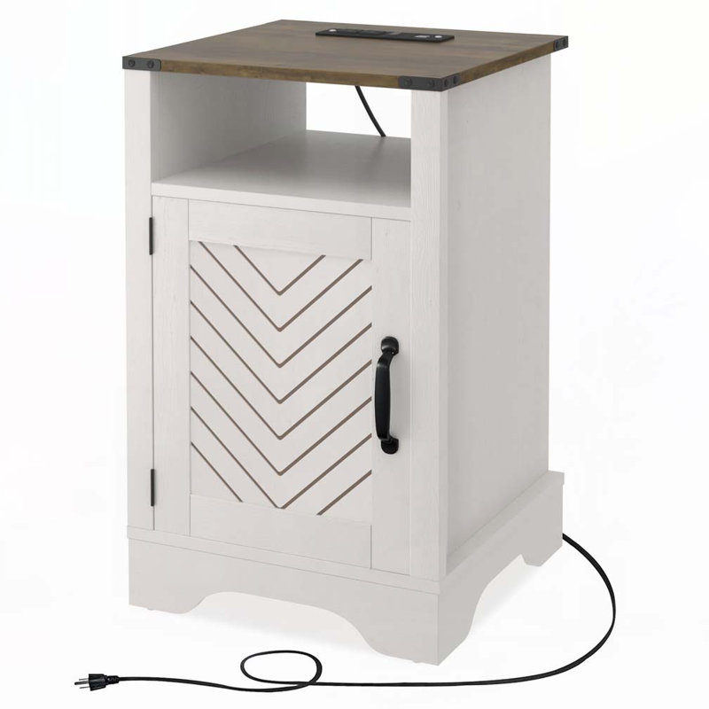 Farmhouse Nightstand Side Table with Electrical Outlets Charging Station