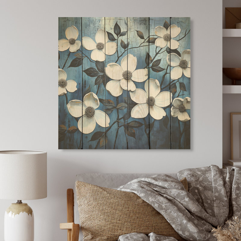 Blanc et noir cornouiller Bloompetal Whispers - art mural en bois de cornouiller sur bois de pin naturel, H 25 po x l 25 po
